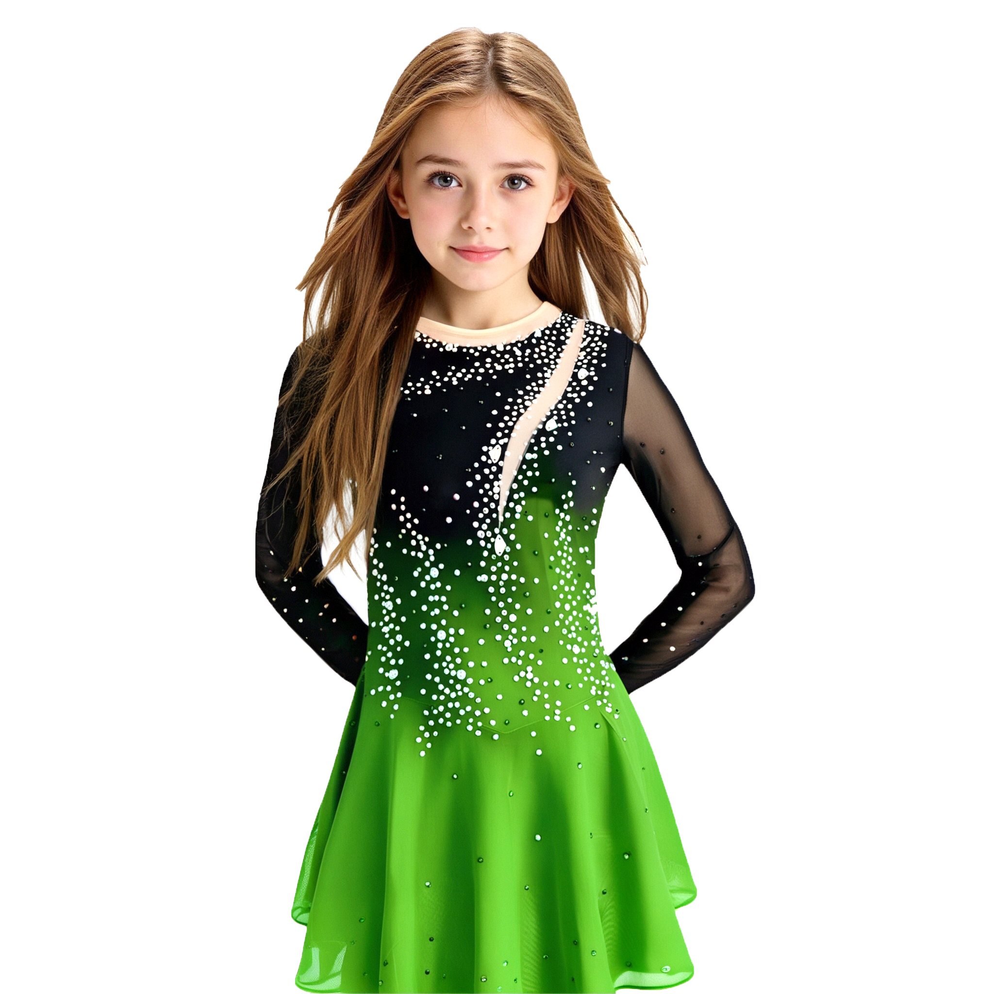 Joycan Ice Skating Dress Green Long Sleeves Elegant JSK262