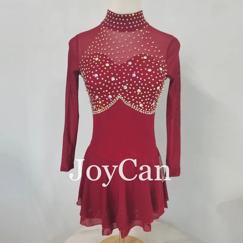 JoyCan Ice Figure  Skating  Dress Girls Red Spandex Stretchy Competition Dance Wear Customized
