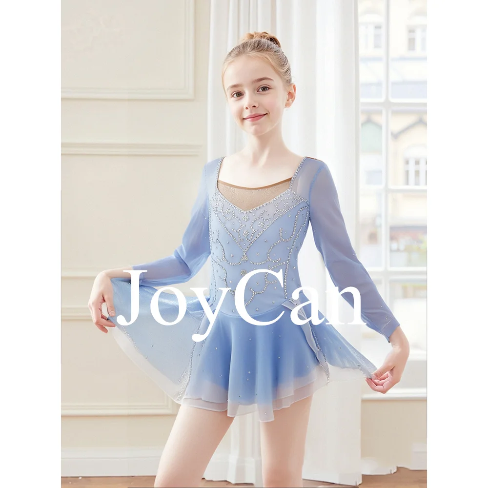 JoyCan New Design Professional Lovely Ice Skating Dress Elastic Mesh Skirts Ruched Inset for Children