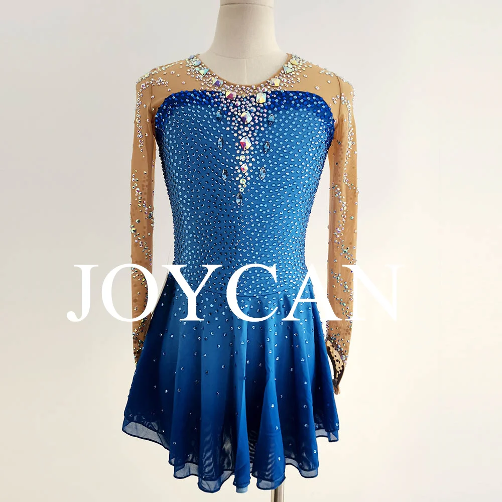 JoyCan Ice Figure Skating Dress Girls Blue Spandex Stretchy Competition Dance Wear Customized