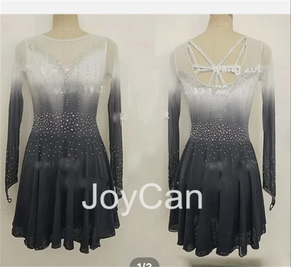JoyCan Figure skating dress Girls Women Light Grey Spandex Elegant Dance Wear for Competitiion