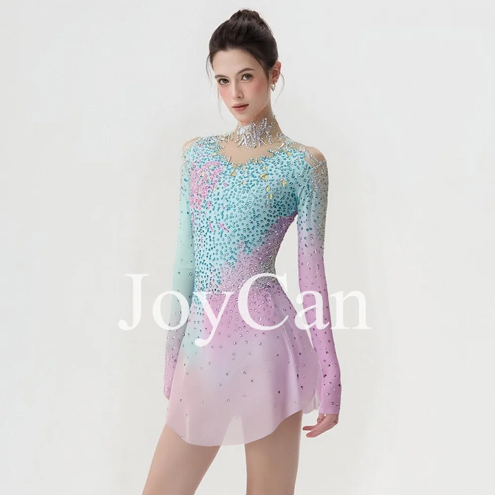 JoyCan Women's Professional Quality Girls Figure Ice Skating Dress Pink Ballet Dance Leotard with Diamonds Performance Wear