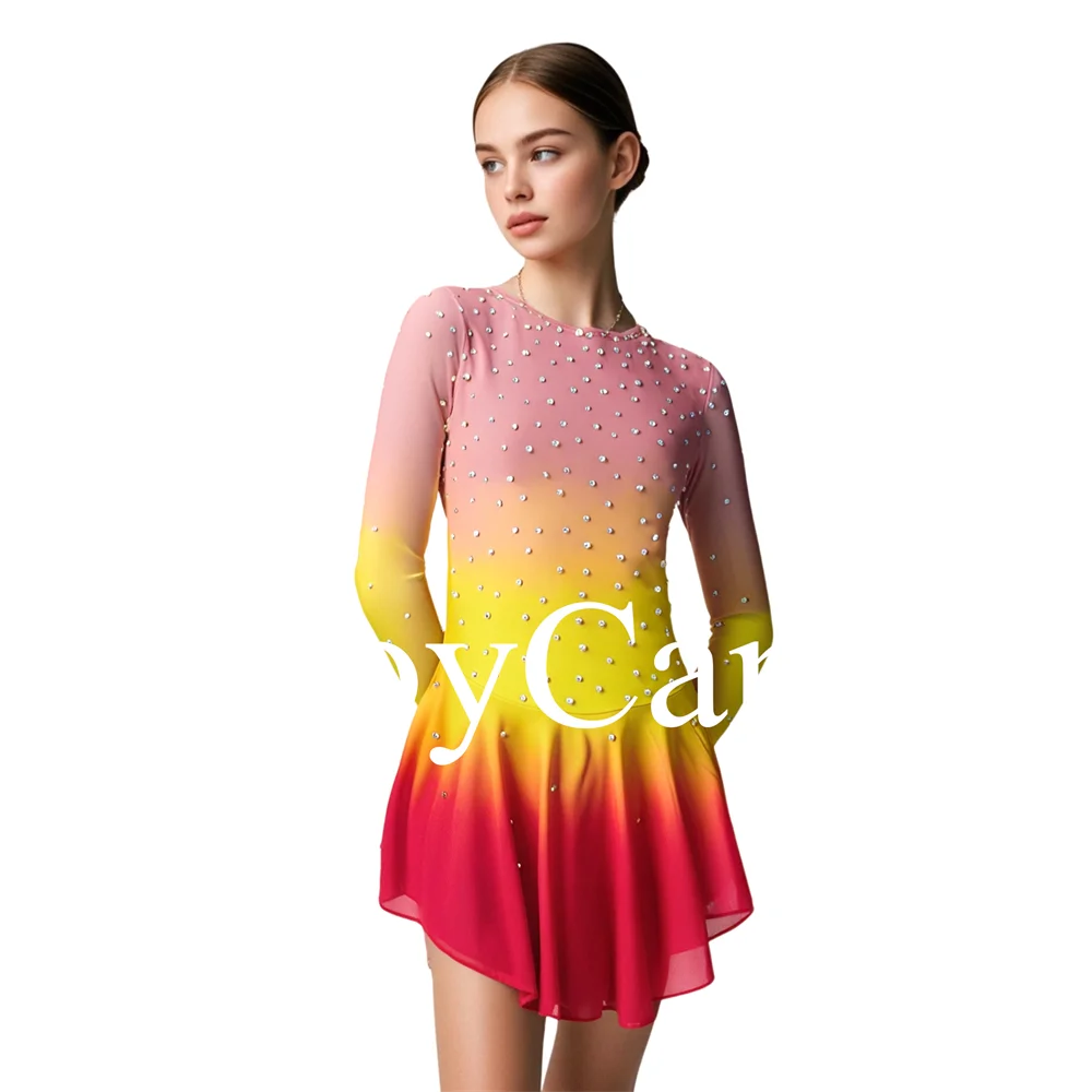 JoyCan Girls Ice Figure Skating Dress Long Sleeves Spandex Mesh Ballroom Performance Wear Latin Dance Costume