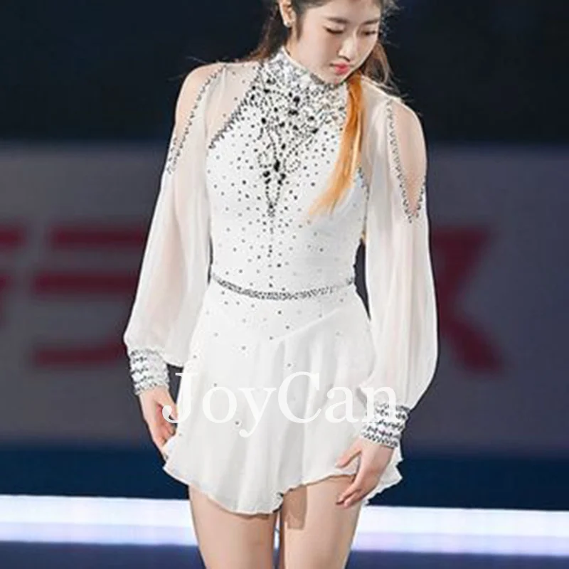 JoyCan Ice Figure  Skating  Dress Girls White Spandex Stretchy Competition Dance Wear Customized
