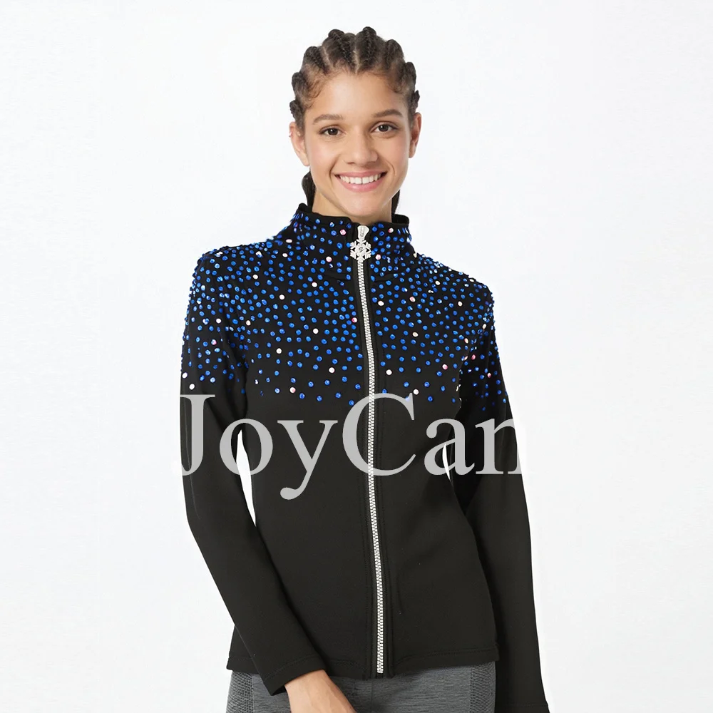 JoyCan Ice Figure Skating Jackets Girls Black and Blue with Stones Training Practice Fleece  Customized