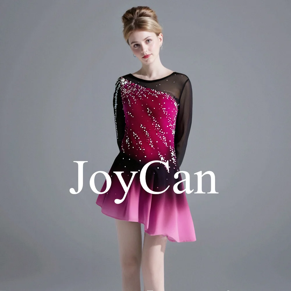JoyCan Figure Skating Dress Girls Red Print Sparkling Rhinestones Competition Performance Leotards Customize