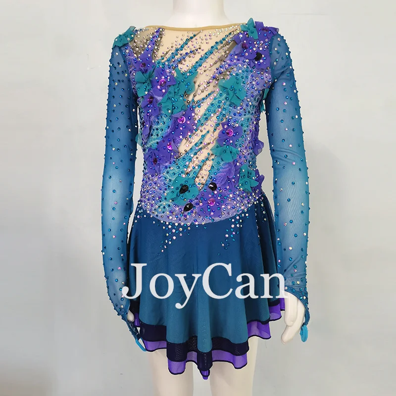 JoyCan Ice Figure  Skating  Dress Girls Blue Spandex Stretchy Competition Dance Wear Customized