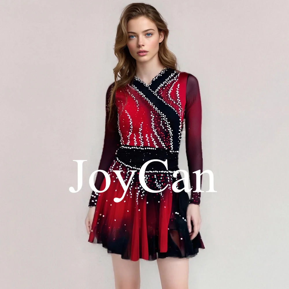 JoyCan Kids Shiny Rhinestones Cheer Mesh Long Sleeves Figure Ice Skating Dance Dress for Girls