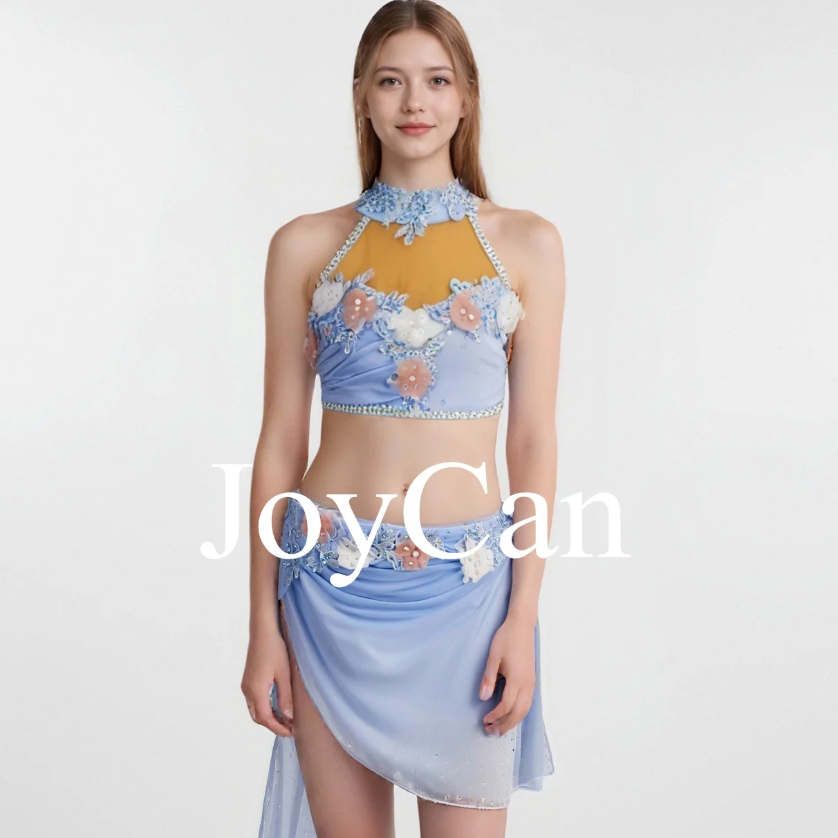 JoyCan Blue Lyric Two-Piece Dance Dress Printed Performance Wear for Girls Stage Dance and Ballet for Performance