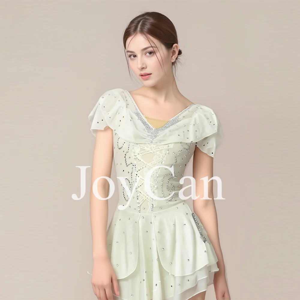 JoyCan Women's Professional Quality Girls Figure Ice Skating Dress White Ballet Dance Leotard with Diamonds Performance Wear