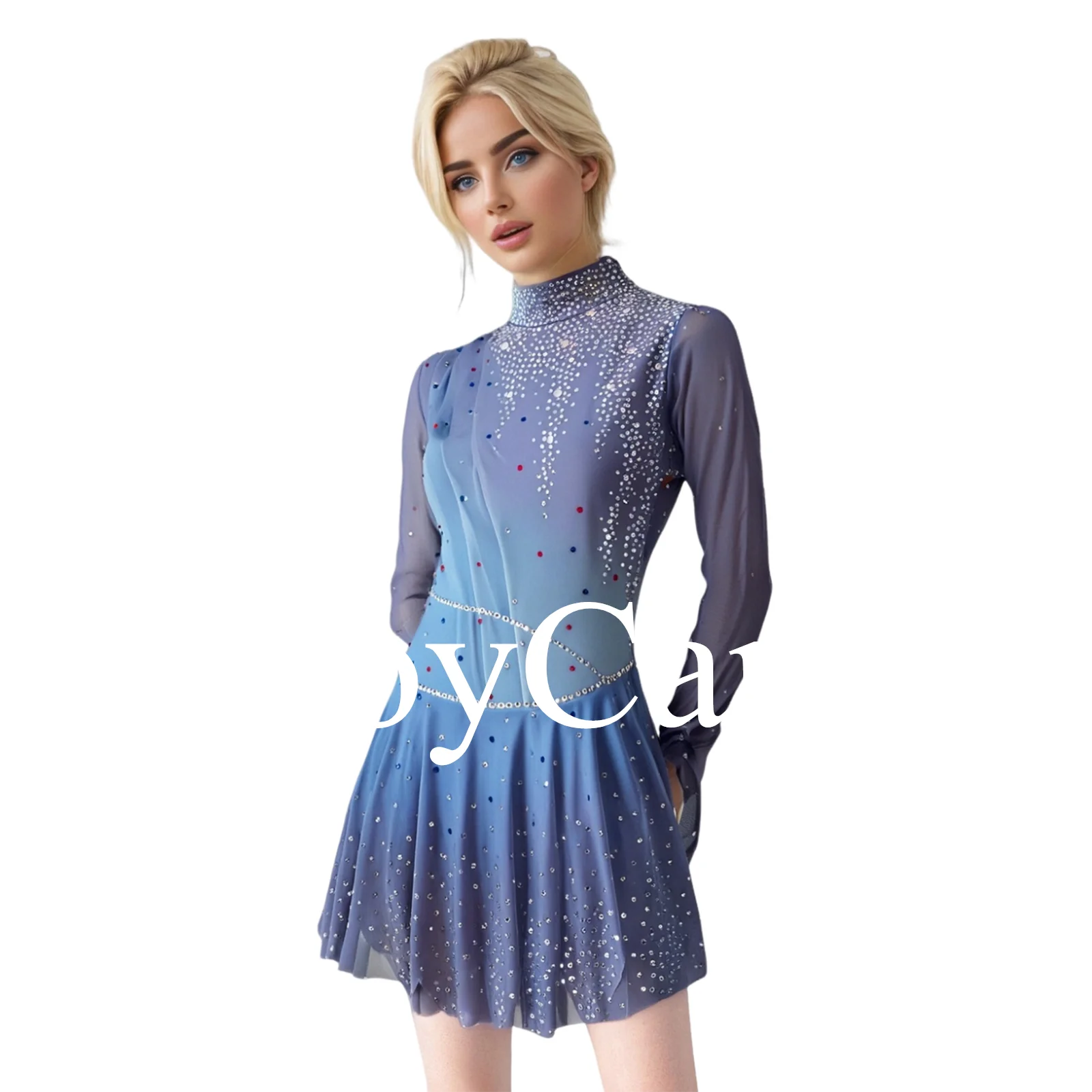 JoyCan Figure Skating Dress Girls Blue Print Sparkling Rhinestones Competition Performance Leotards Customize