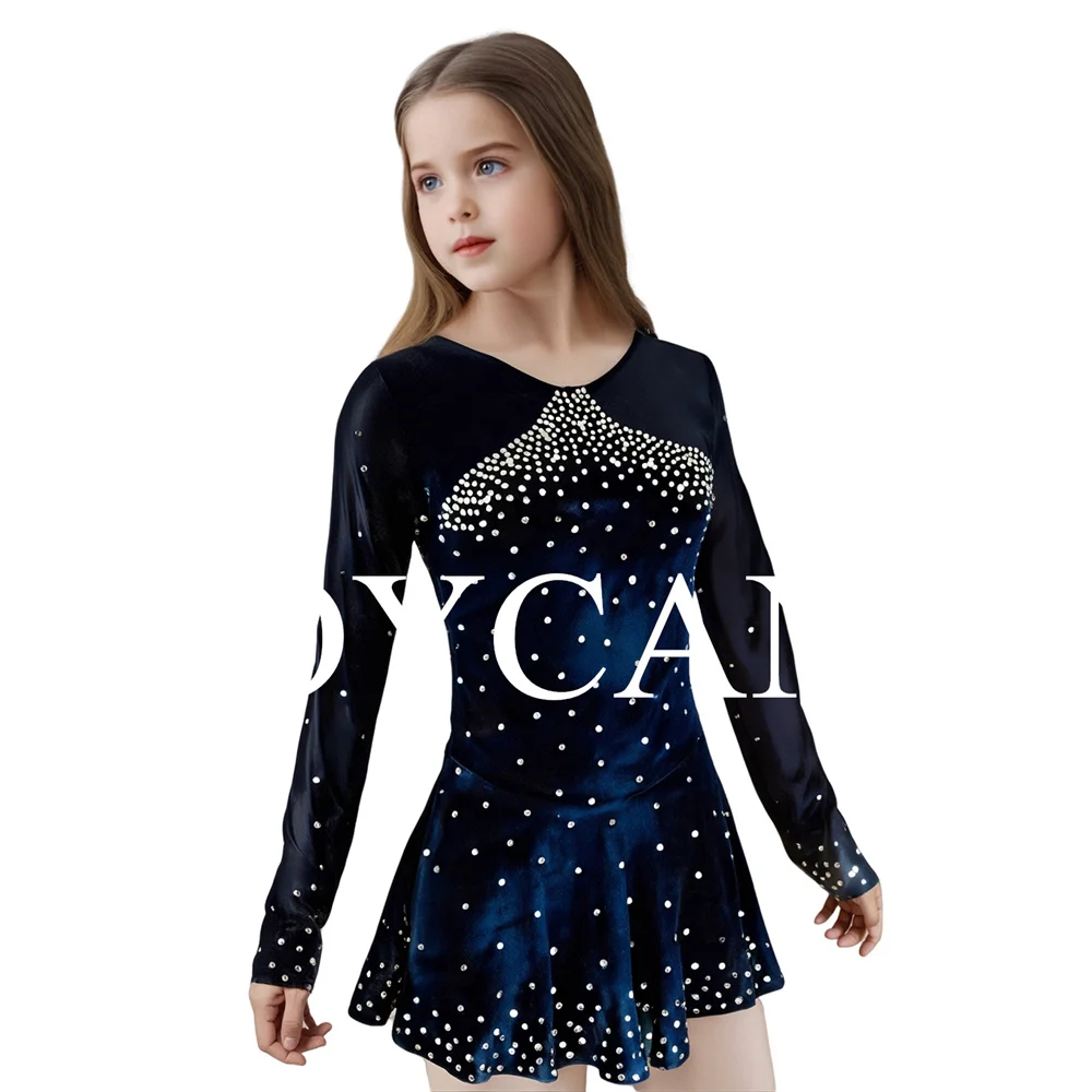 JoyCan Ice Figure Skating Dress Girls Blue Velvet Stretchy Competition Dance Wear Customized