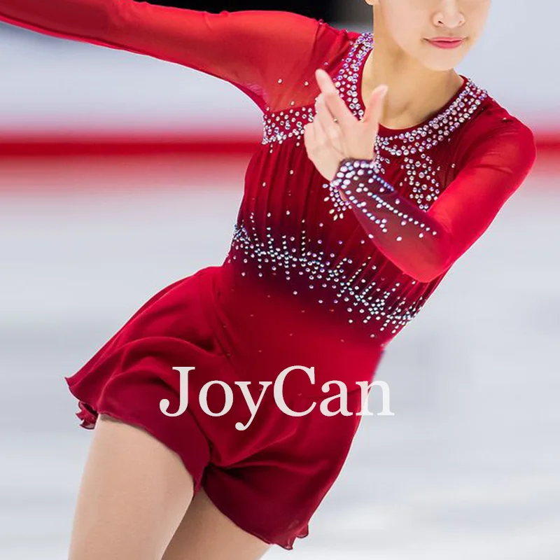 JoyCan Ice Figure  Skating  Dress Girls Red Spandex Stretchy Competition Dance Wear Customized