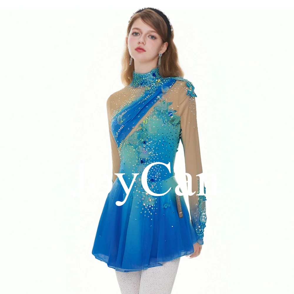 JoyCan Kids Girls Figure Ice Skating Dress Blue Skating Ballet Dance Leotard Professional Quality Diamonds Dress