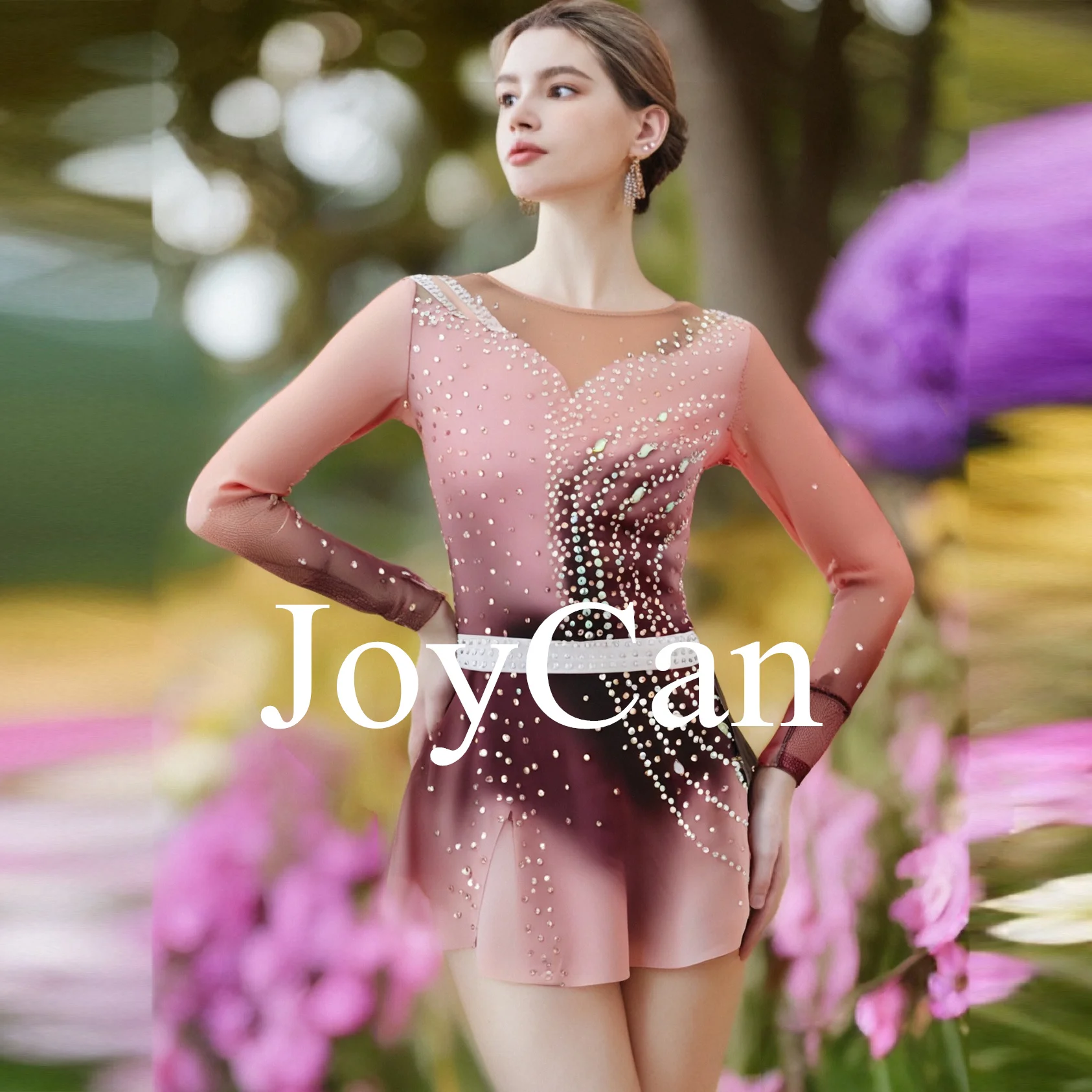 JoyCan Girls Ice Figure Skating Dress Long Sleeves Spandex Mesh Ballroom Performance Wear Latin Dance Costume