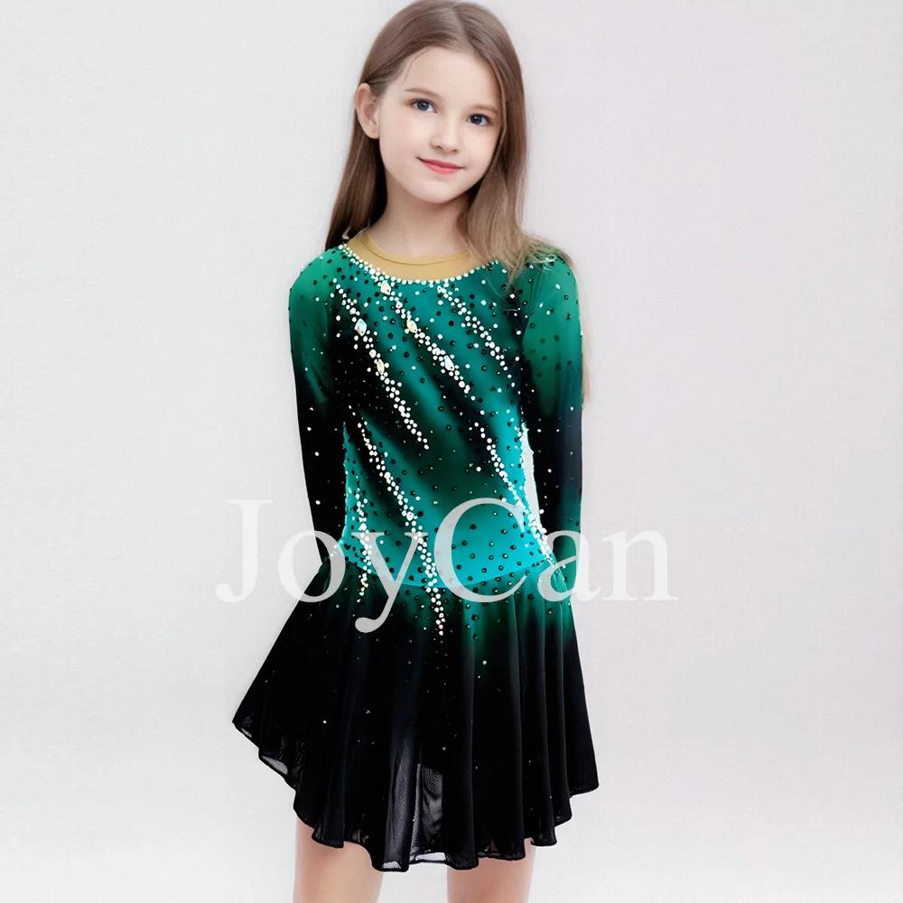 JoyCan Figure skating dress Girls Women Green Spandex Elegant Dance Wear for Competitiion