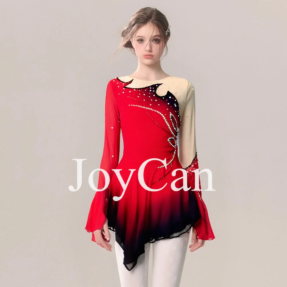JoyCan Women's Professional Quality Girls Figure Ice Skating Dress Red Ballet Dance Leotard with Diamonds Performance Wear
