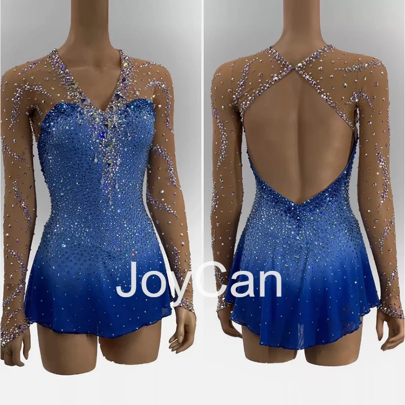 JoyCan Ice Figure  Skating  Dress Girls Blue Spandex Stretchy Mesh Competition Dance Wear Customized