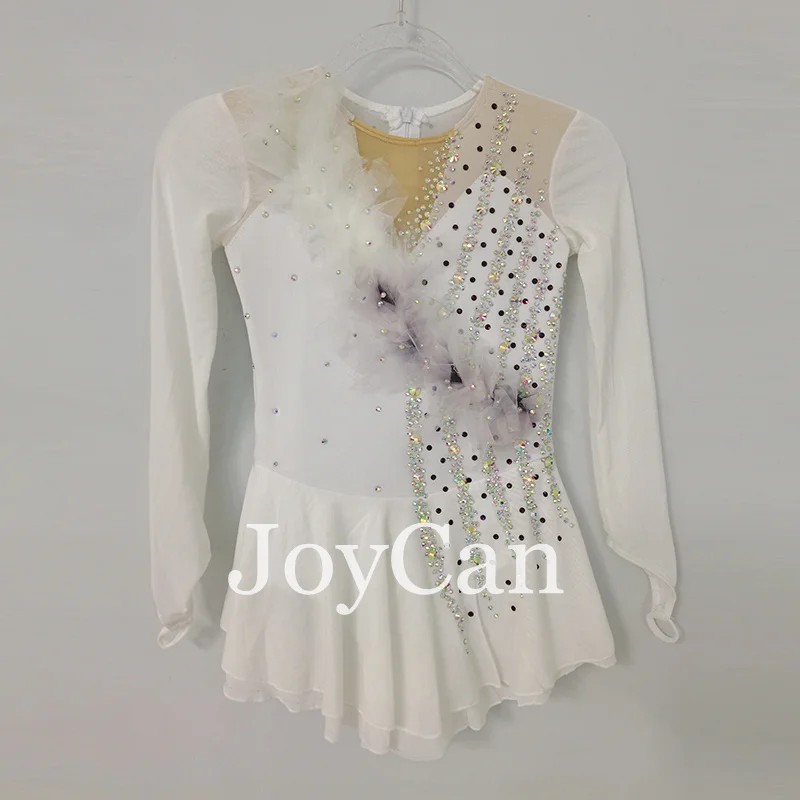 JoyCan Ice Figure  Skating  Dress Girls White Spandex Stretchy Competition Dance Wear Customized