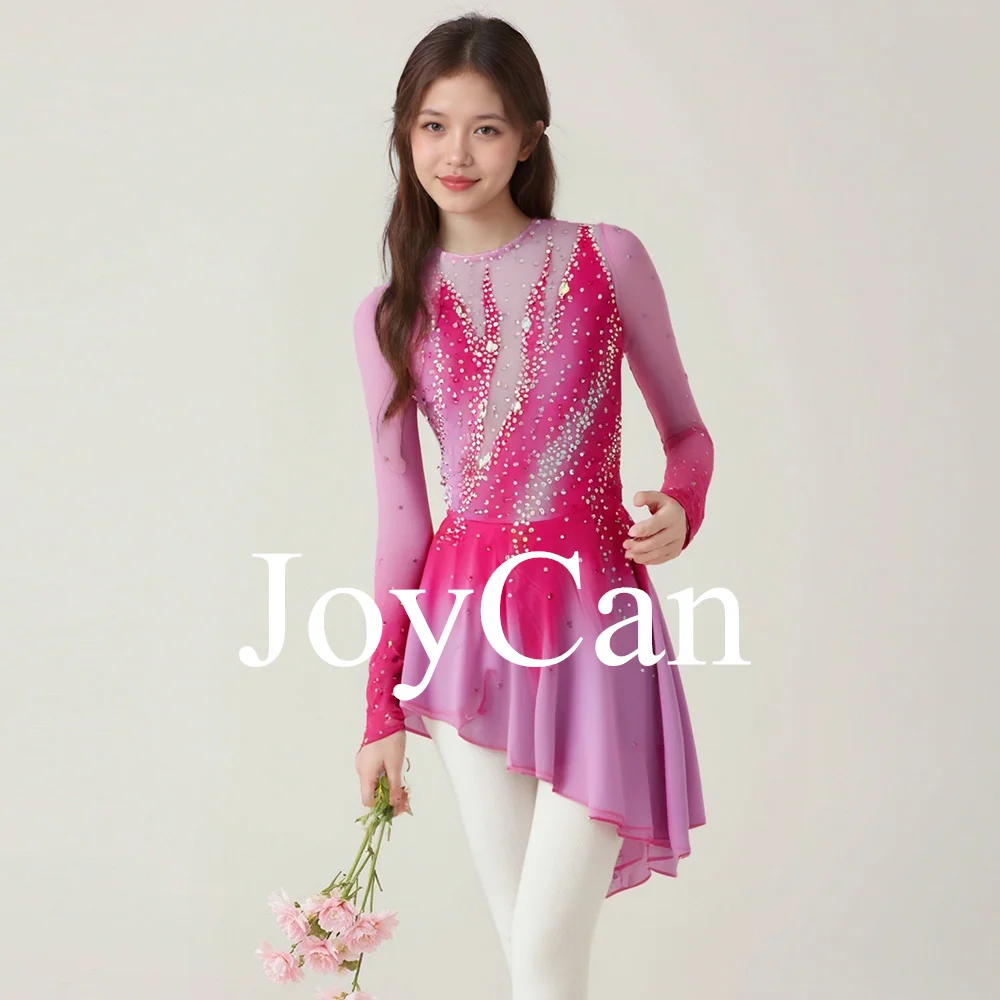 JoyCan Figure Skating Dress Girls Pink Print Sparkling Rhinestones Competition Performance Leotards Customize